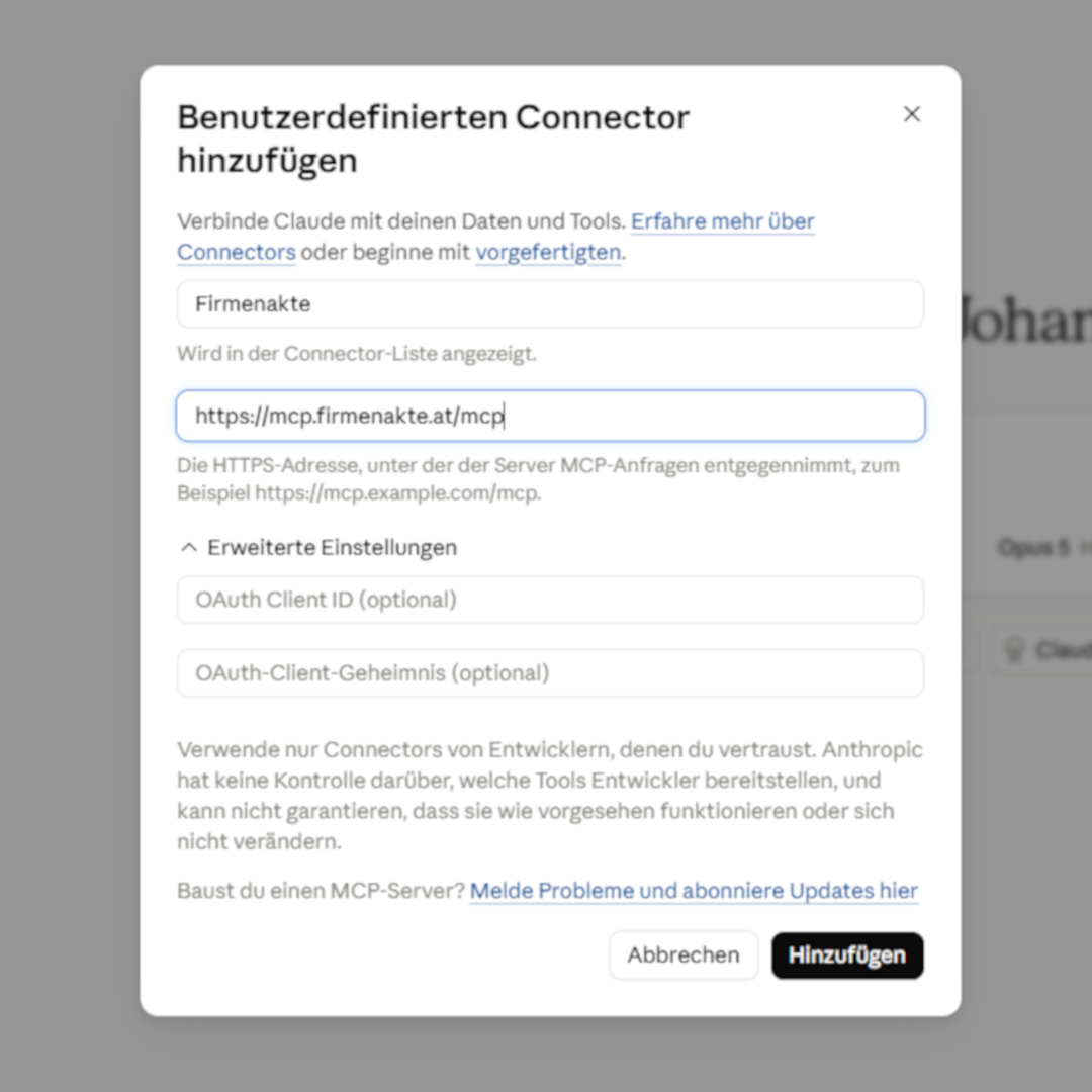 Der Dialog mit dem Namen Firmenakte und der URL https://mcp.firmenakte.at/mcp, die OAuth-Felder bleiben leer