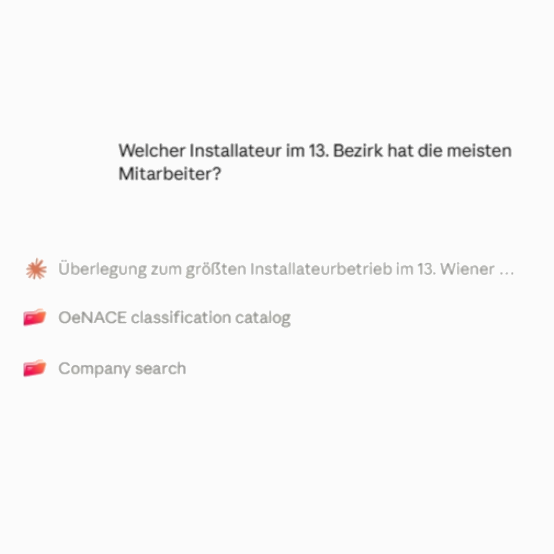 Eine Frage im Chat und die beiden Werkzeugaufrufe darunter: ÖNACE-Katalog und Firmensuche